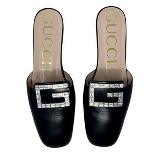 Gucci Madelyn Crystal GG Black Leather Flat Slides / Mules
